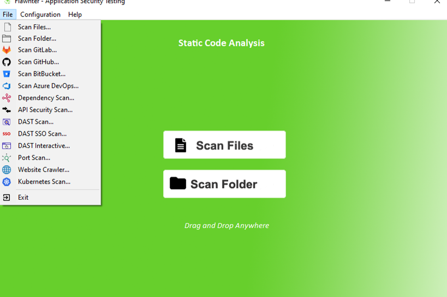 Flawnter Security Analysis with menu open showing scanning options